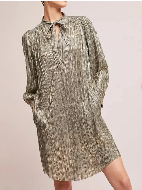 Anthropologie Dresses & Skirts - Sabina Musayev Tied Shimmer Gold Tunic Dress With Pockets Pleated Women‎ Medium